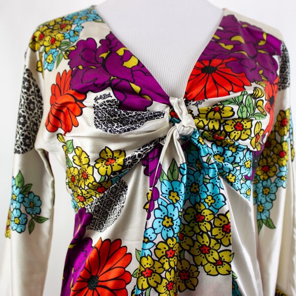 Vtg Hale Bob Silk Blend Tunic Top Sz M Boho Y2K Babydoll Front Tie Floral - Picture 5 of 7